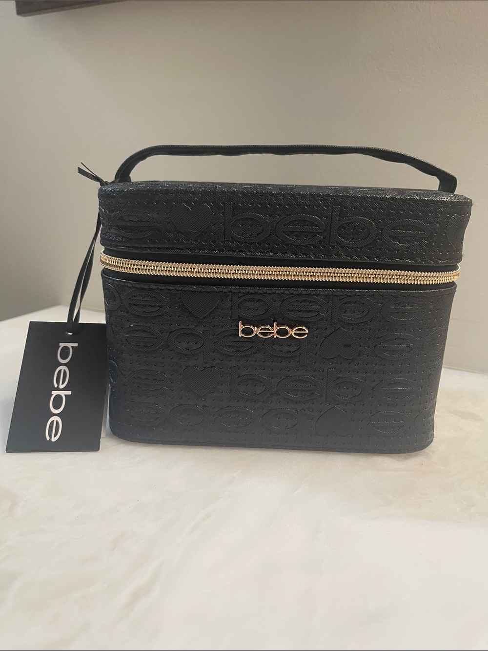 bebe Black Quilted Cosmetic Case with Gold Accent Logo NWT